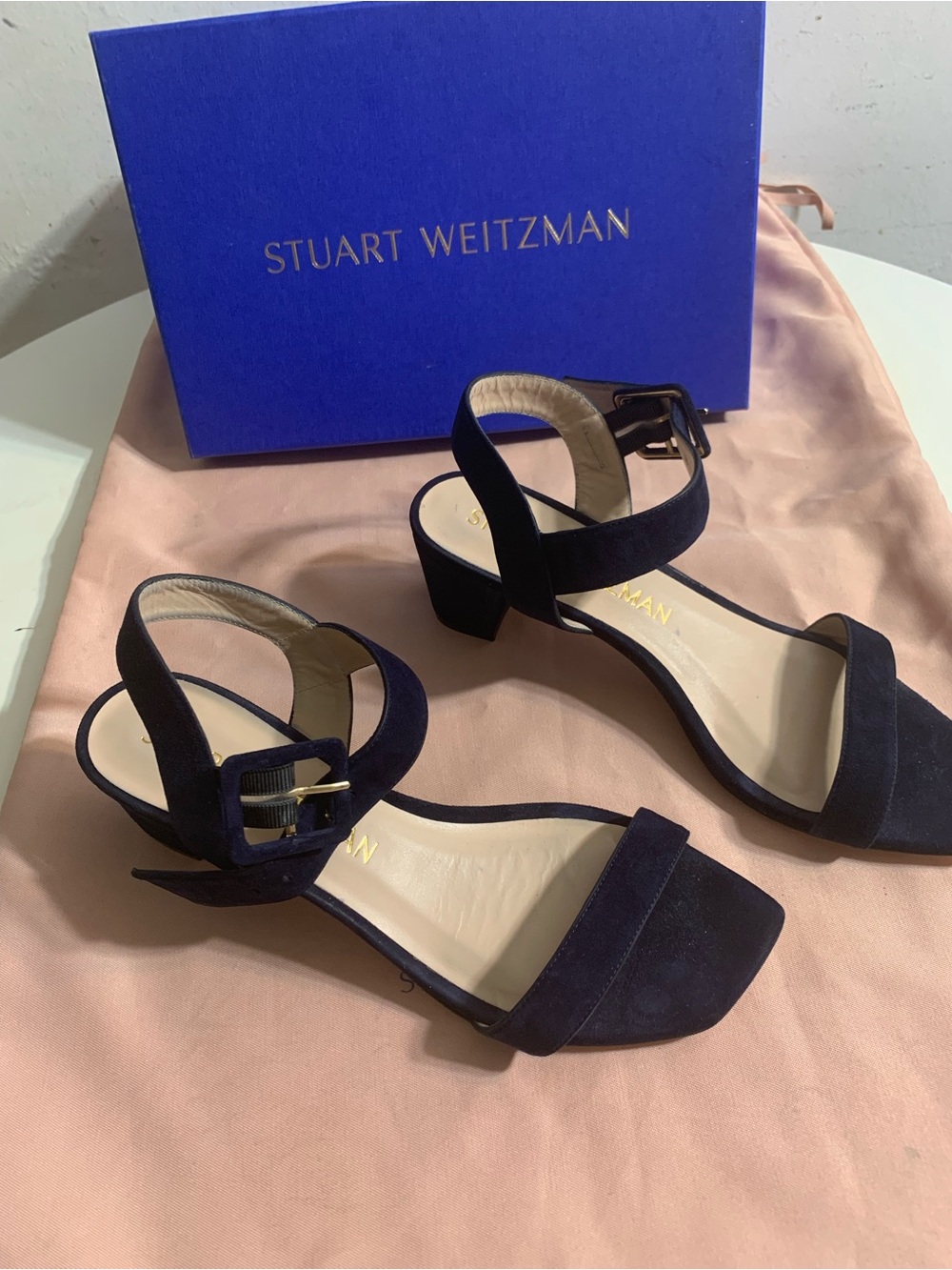 Stuart Weitzman Navy Suede Ankle-Strap Block Heels